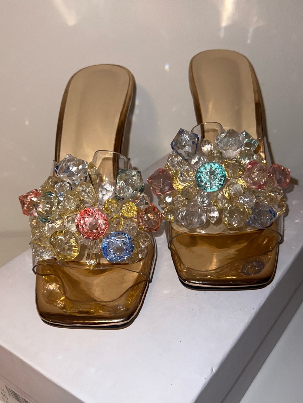 Crystal Flower Square Toe Mule Heels Size 8 New In Box